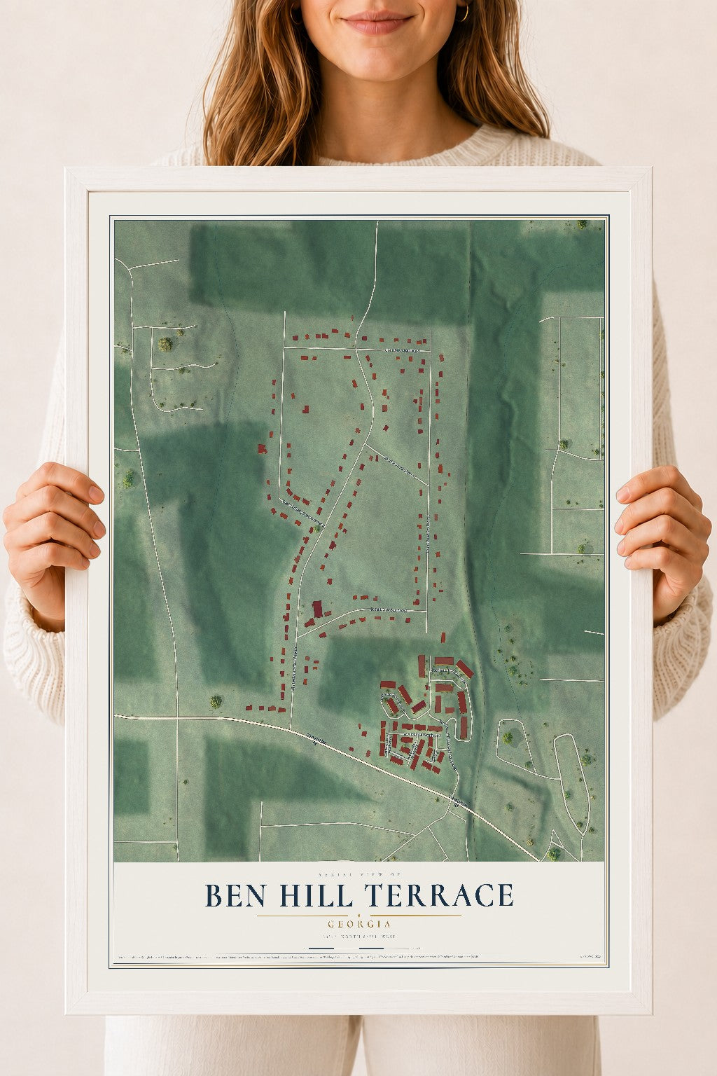 Ben Hill Terrace, Georgia map print, 18" x 24" W/ White Ayous Wood Frame mockup