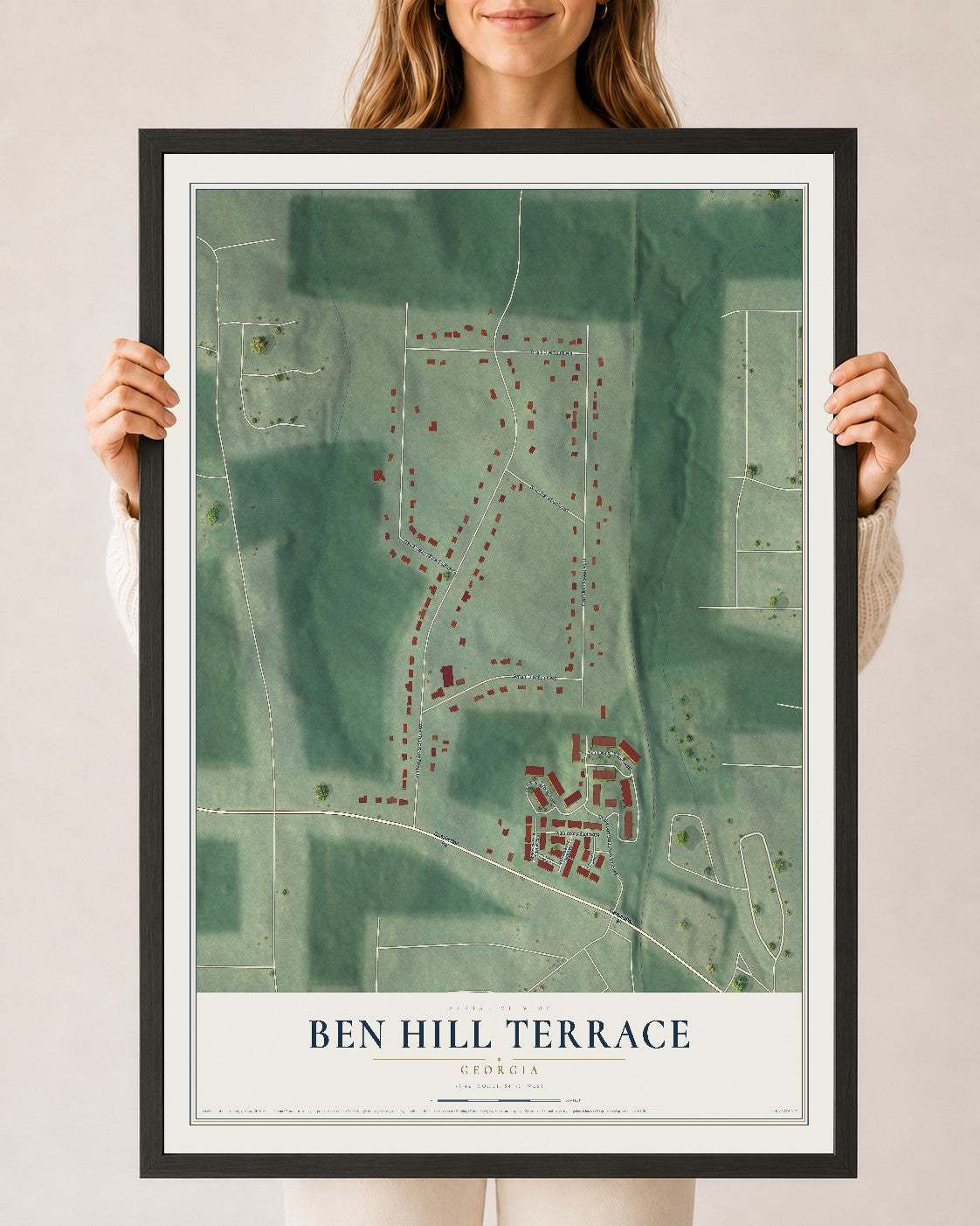 Ben Hill Terrace, Georgia map print, 24" x 36" W/ Black Ayous Wood Frame mockup