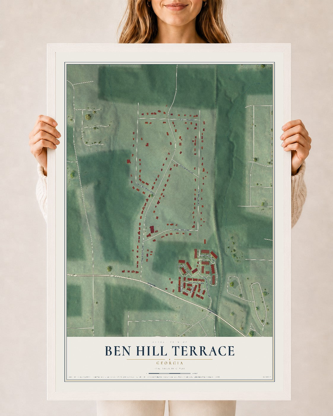 Ben Hill Terrace, Georgia map print, 24" x 36" W/ White Ayous Wood Frame mockup