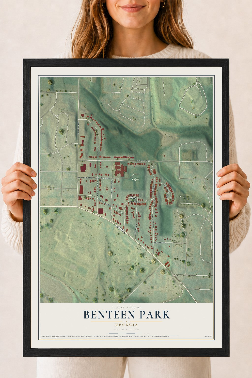 Benteen Park, Georgia map print, 18" x 24" W/ Black Ayous Wood Frame mockup