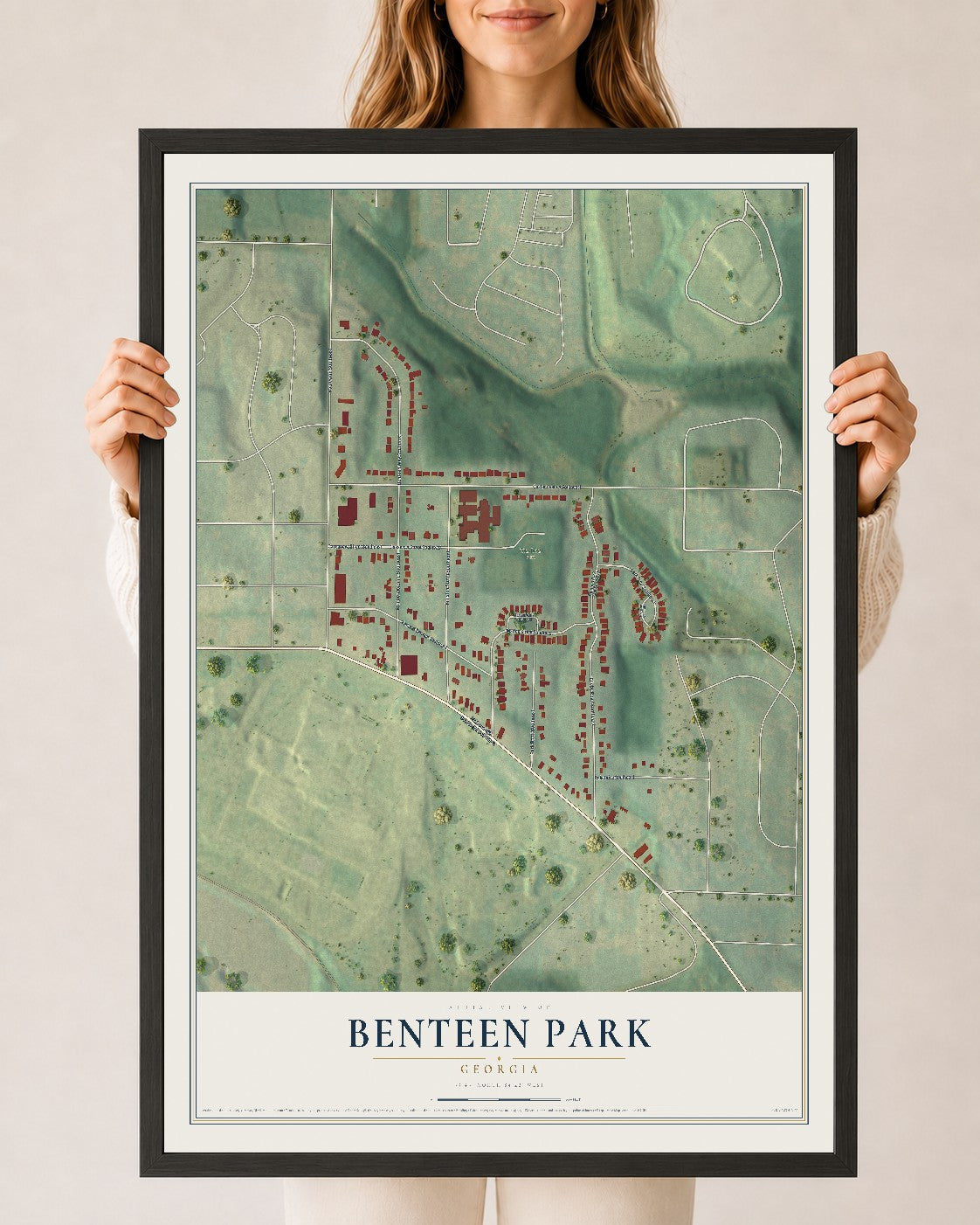 Benteen Park, Georgia map print, 24" x 36" W/ Black Ayous Wood Frame mockup