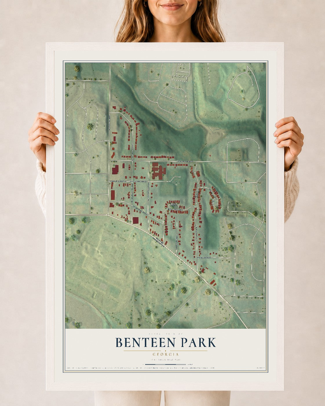 Benteen Park, Georgia map print, 24" x 36" W/ White Ayous Wood Frame mockup