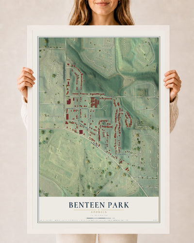 Benteen Park, Georgia map print, 24" x 36" W/ White Ayous Wood Frame mockup