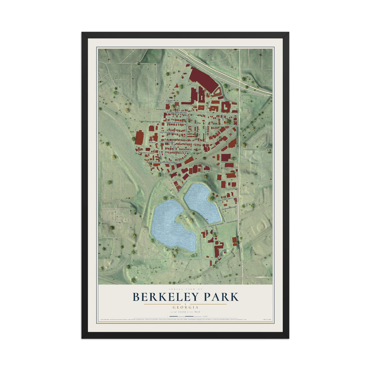 Berkeley Park, Georgia map print, 12" x 18" W/ Black Ayous Wood Frame mockup