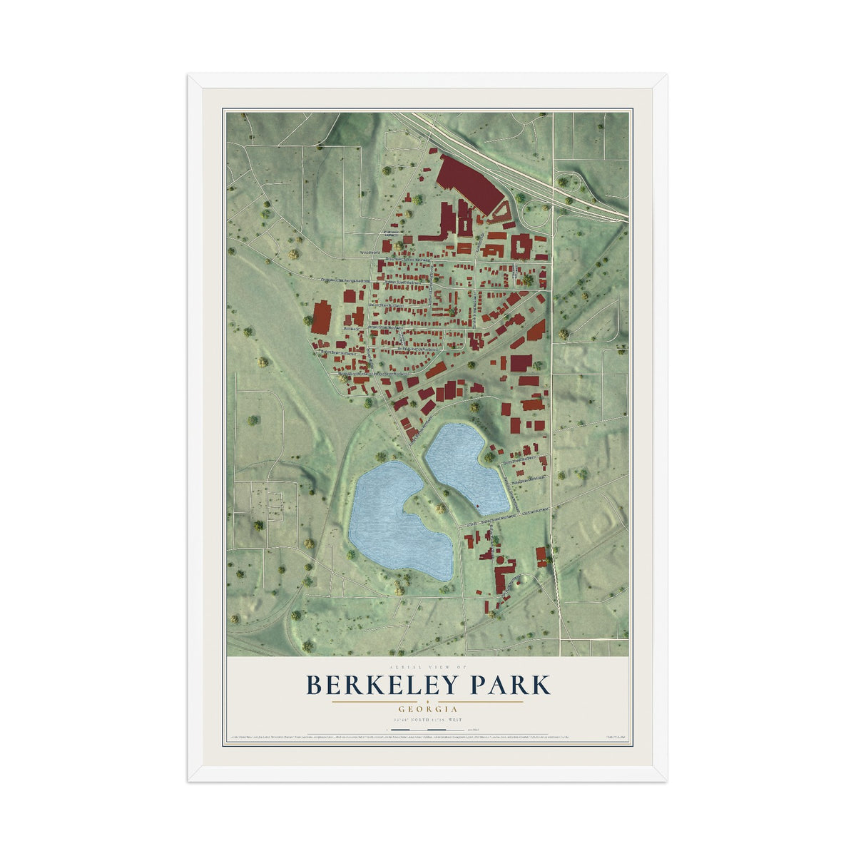 Berkeley Park, Georgia map print, 12" x 18" W/ White Ayous Wood Frame mockup