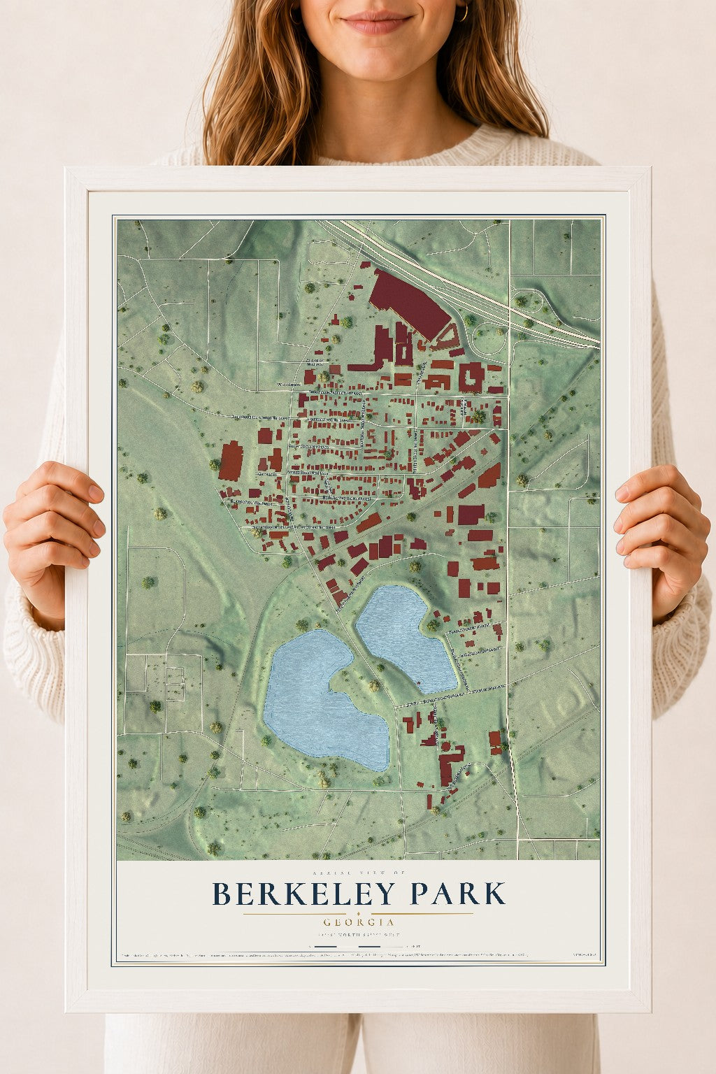 Berkeley Park, Georgia map print, 18" x 24" W/ White Ayous Wood Frame mockup