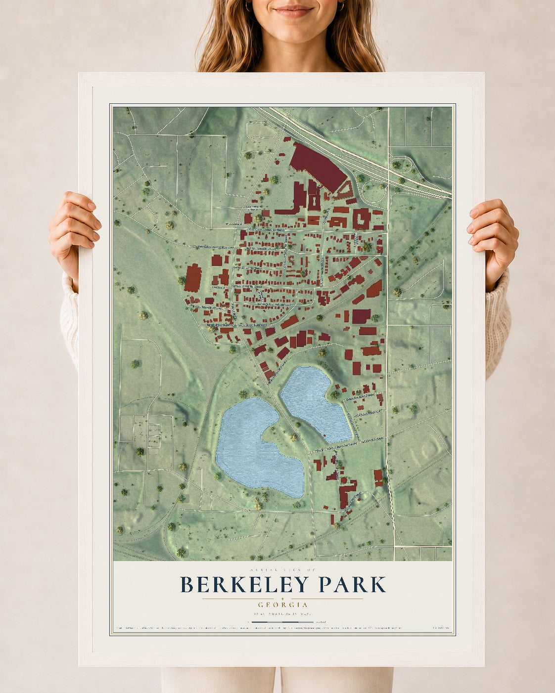 Berkeley Park, Georgia map print, 24" x 36" W/ White Ayous Wood Frame mockup