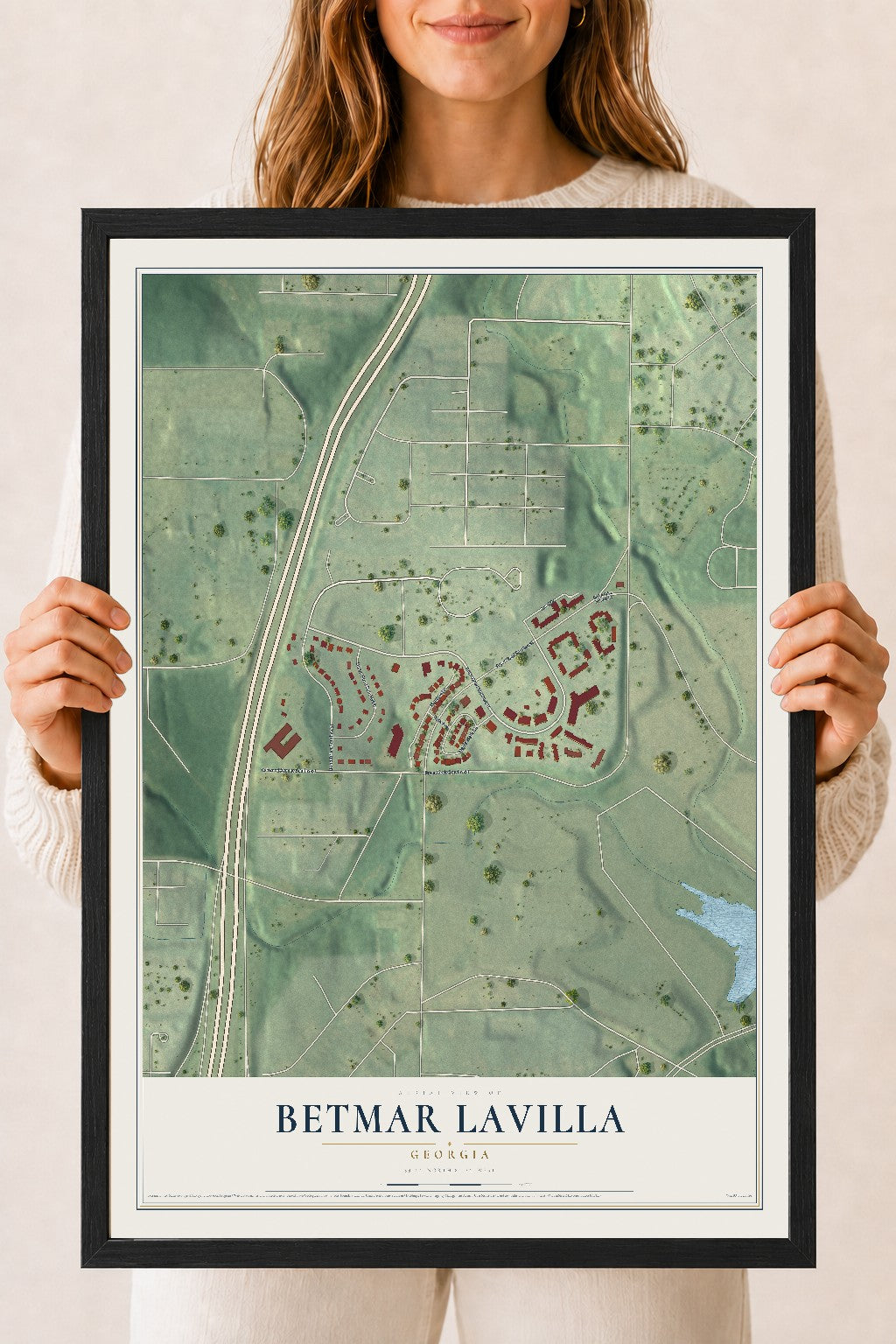 Betmar LaVilla, Georgia map print, 18" x 24" W/ Black Ayous Wood Frame mockup