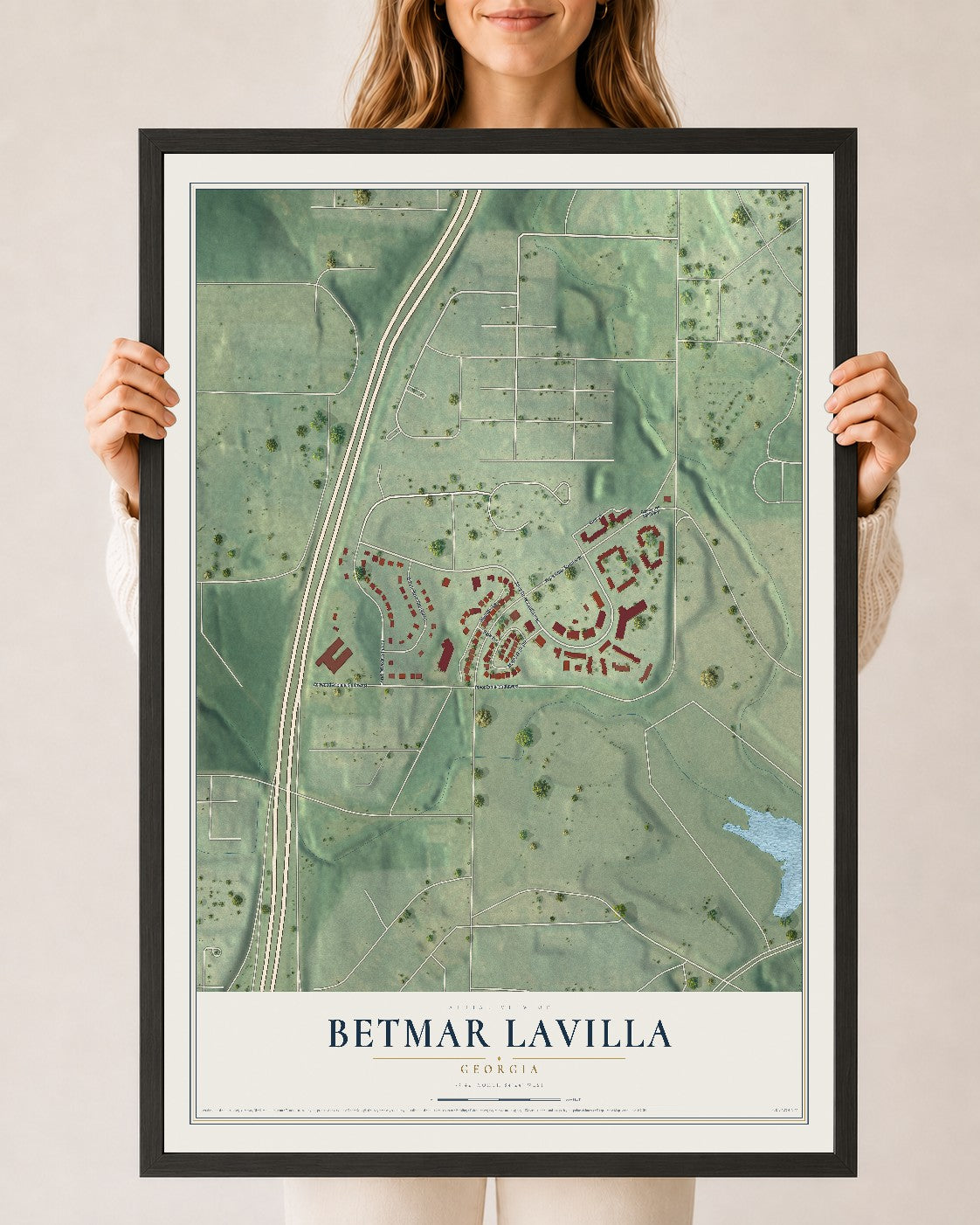 Betmar LaVilla, Georgia map print, 24" x 36" W/ Black Ayous Wood Frame mockup