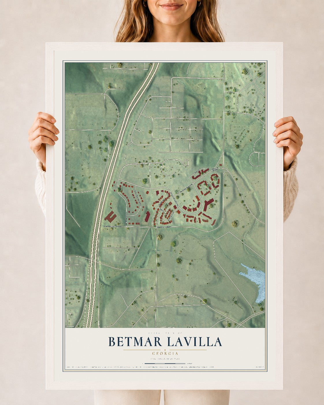 Betmar LaVilla, Georgia map print, 24" x 36" W/ White Ayous Wood Frame mockup
