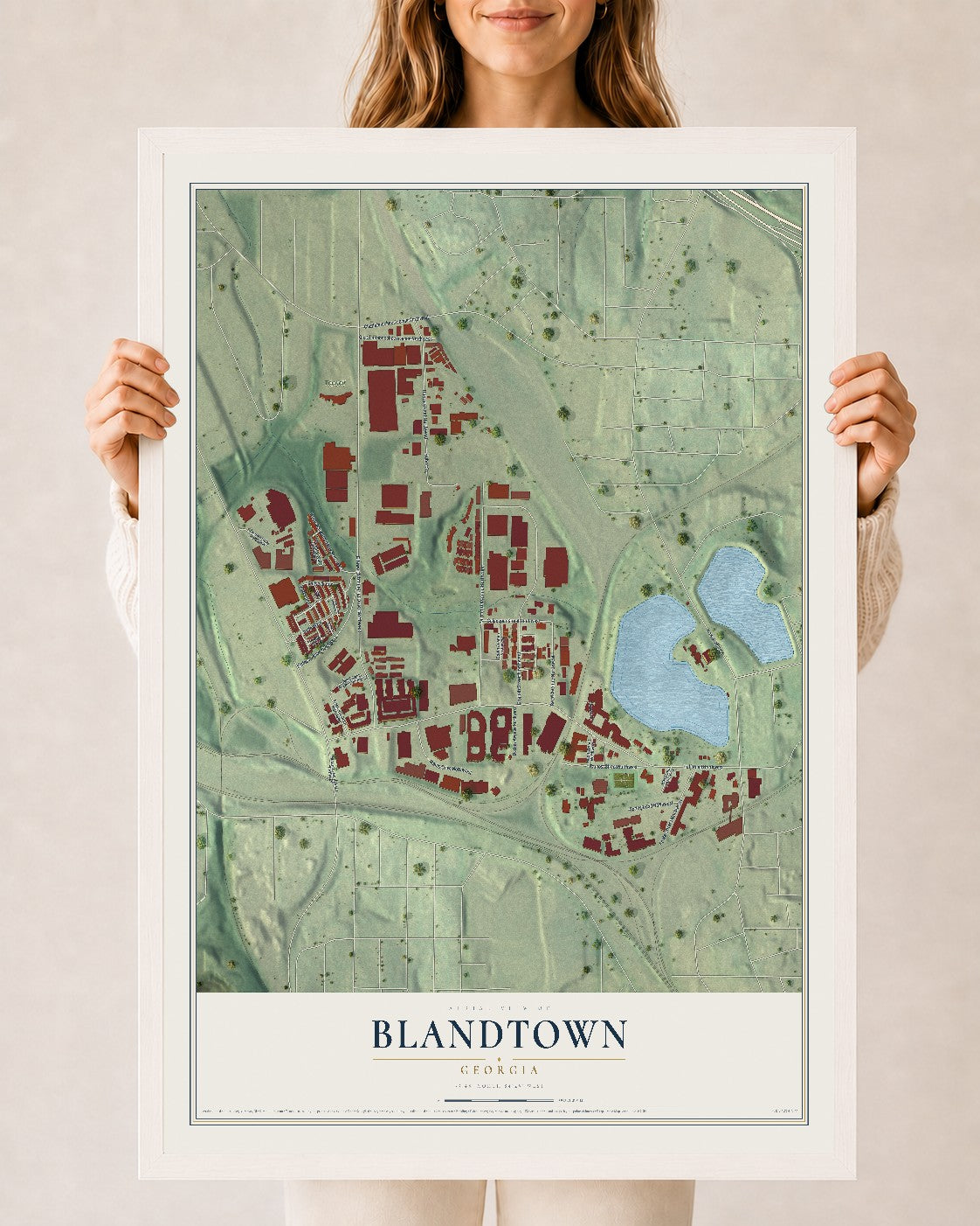 Blandtown, Georgia map print, 24" x 36" W/ White Ayous Wood Frame mockup