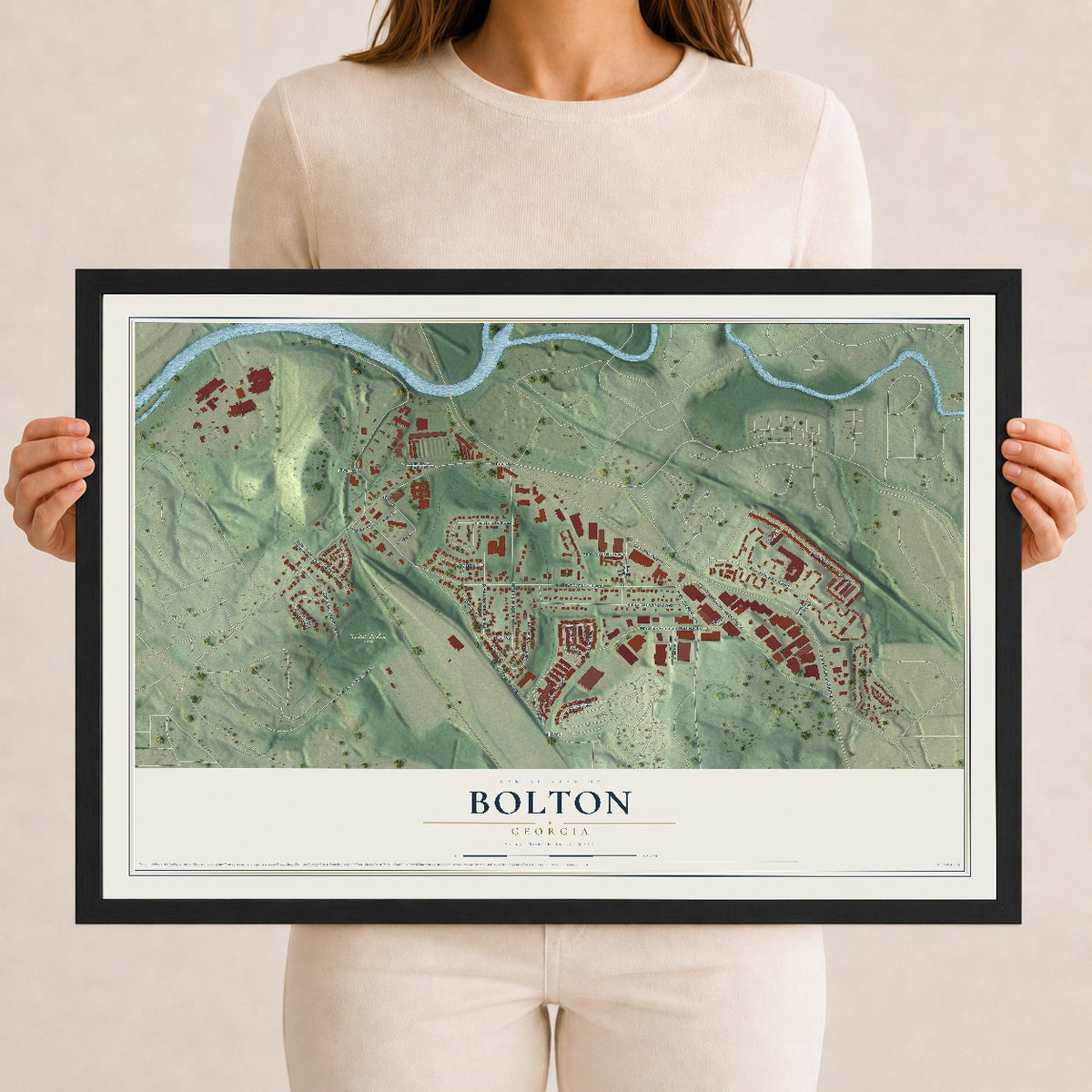 Bolton, Georgia map print, 12" x 18" W/ Black Ayous Wood Frame mockup