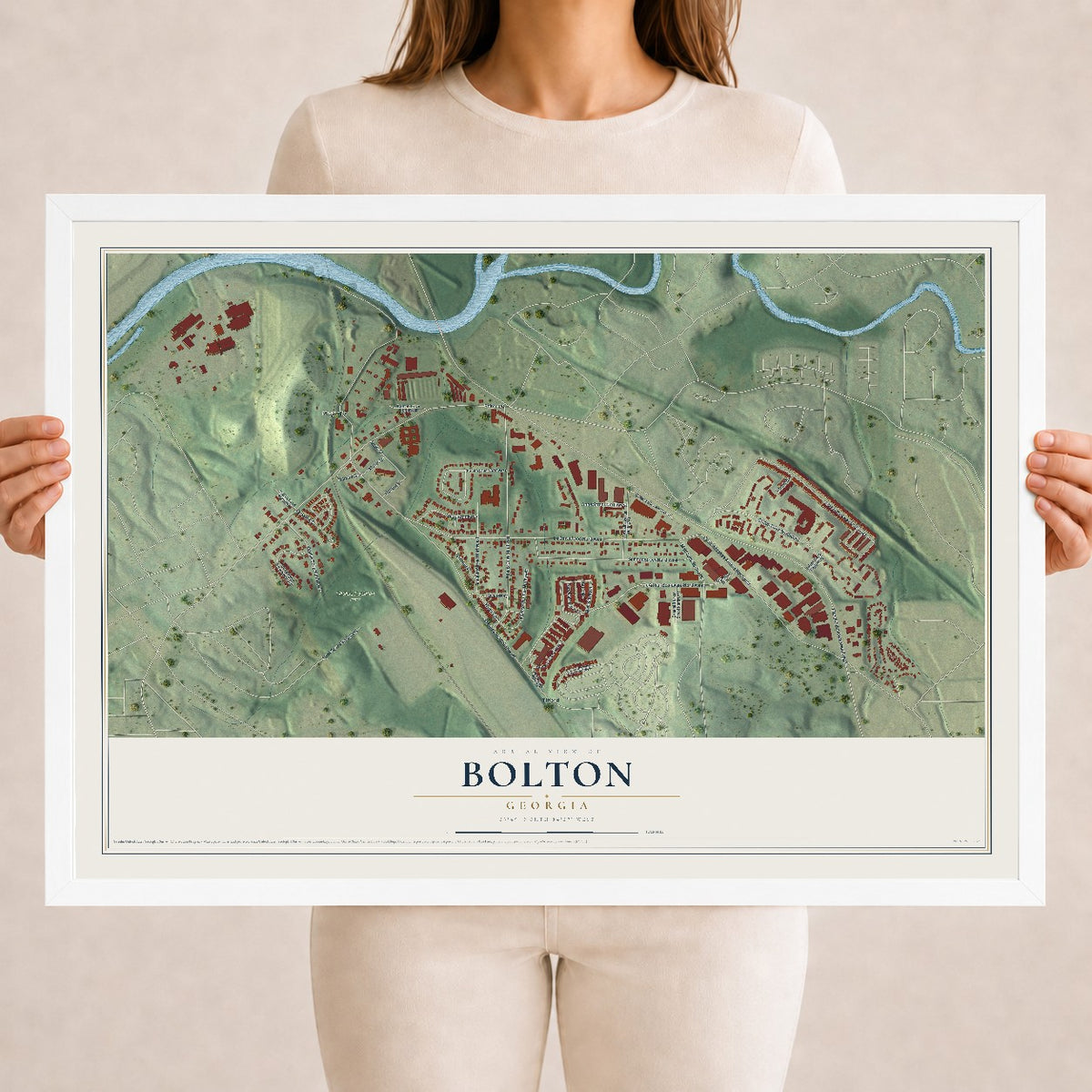 Bolton, Georgia map print, 18" x 24" W/ White Ayous Wood Frame mockup