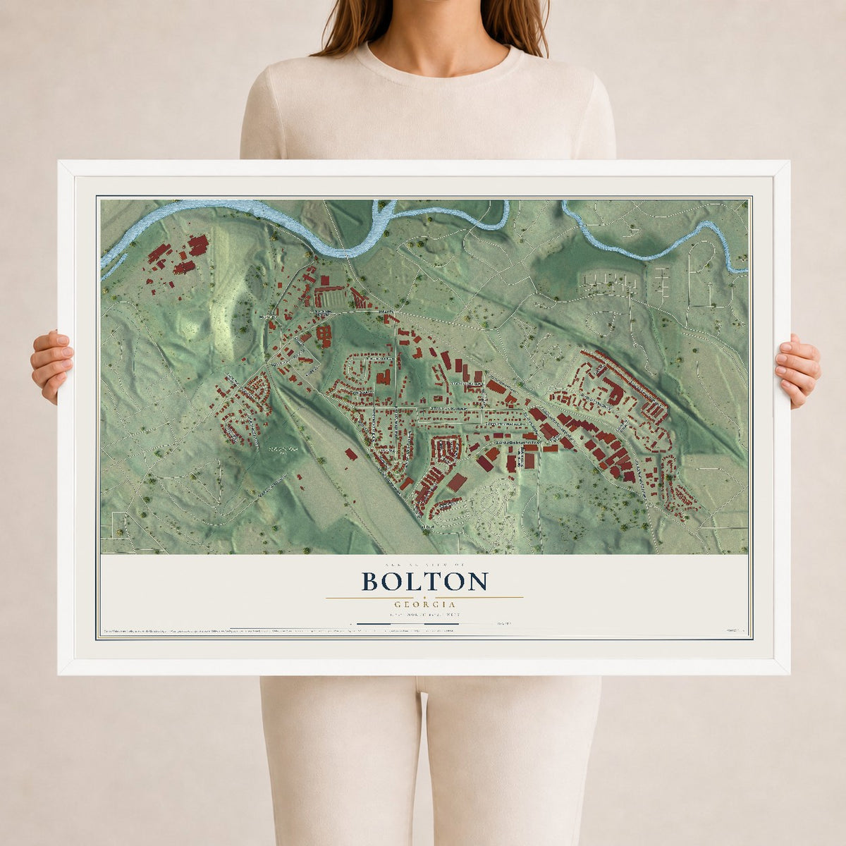 Bolton, Georgia map print, 24" x 36" W/ White Ayous Wood Frame mockup