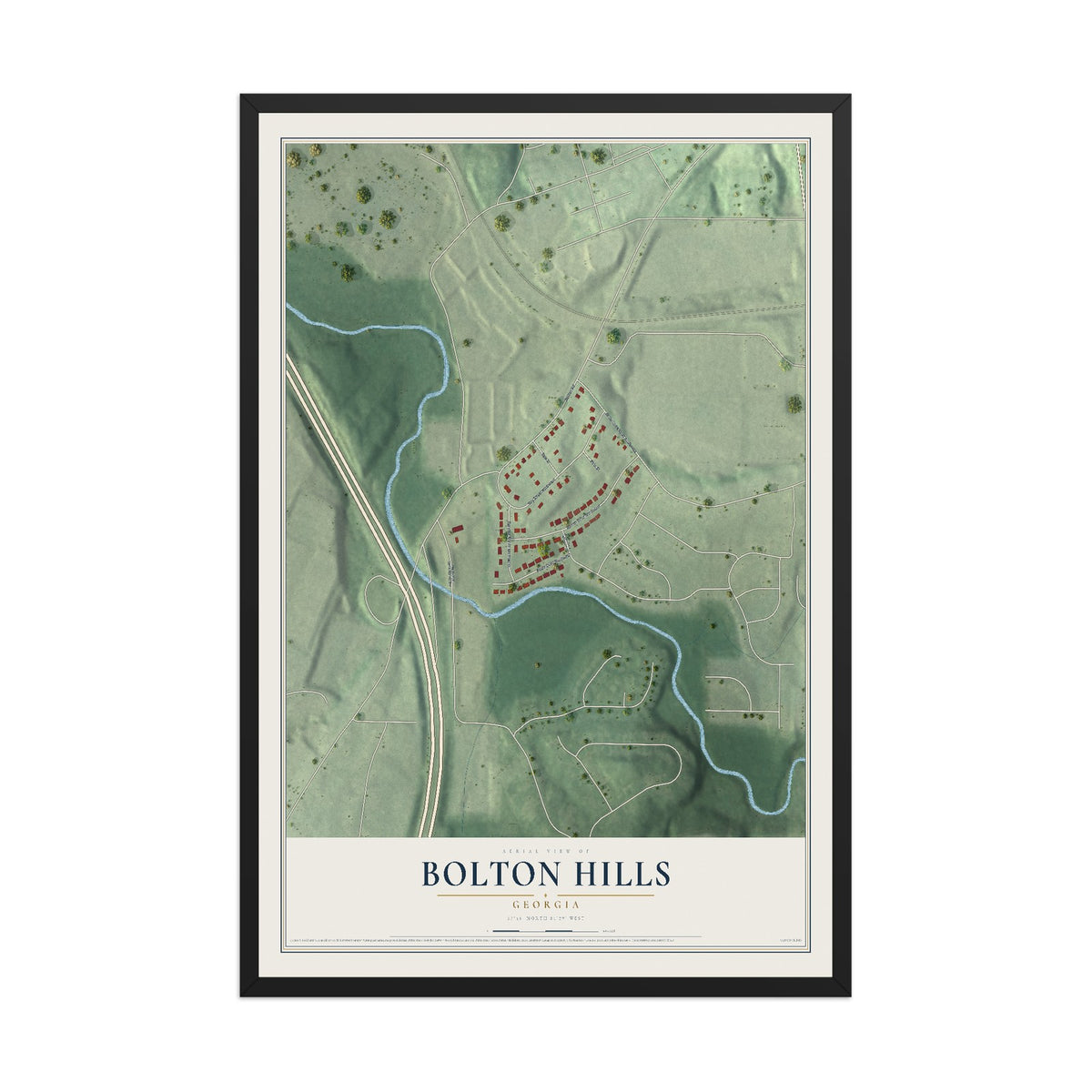 Bolton Hills, Georgia map print, 12" x 18" W/ Black Ayous Wood Frame mockup