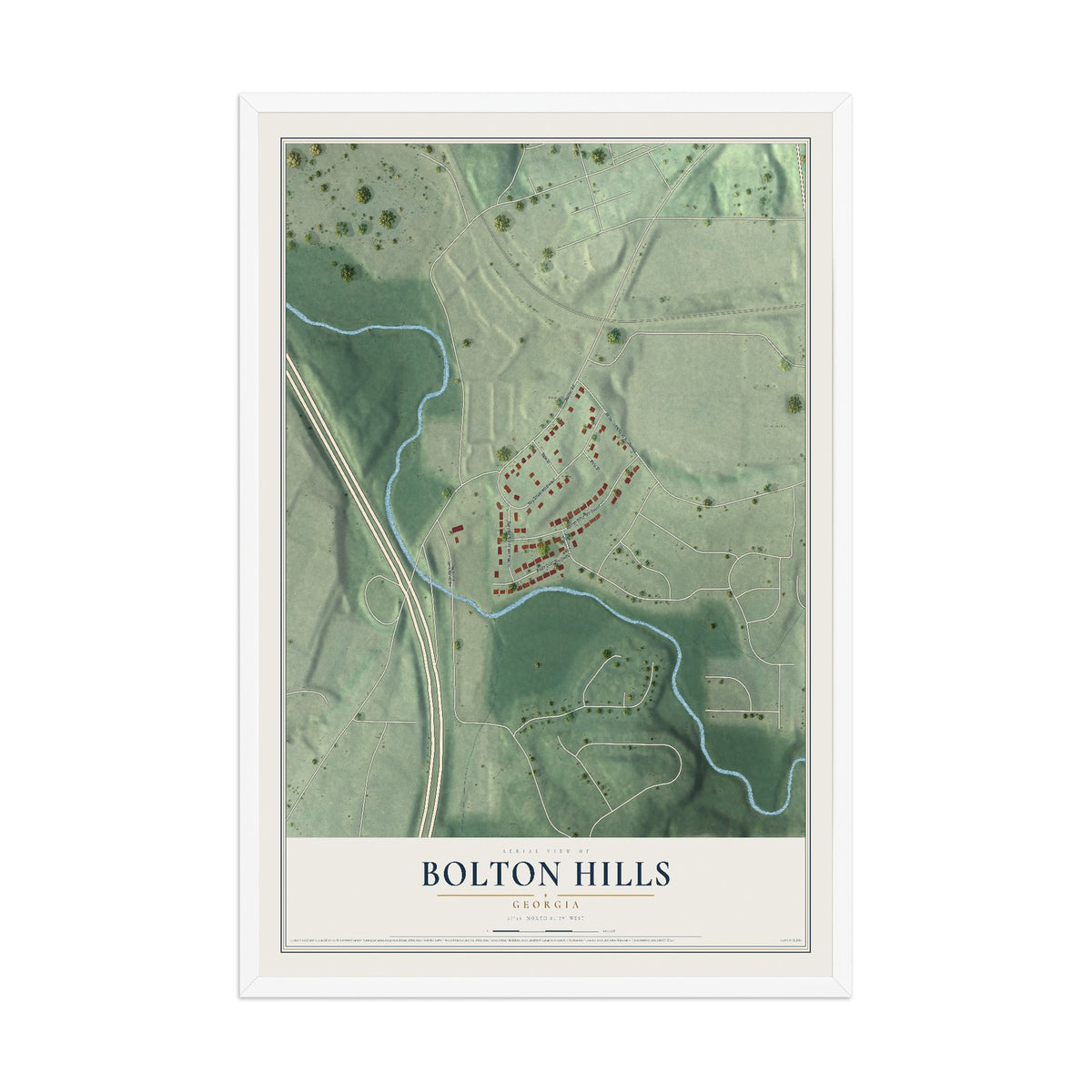 Bolton Hills, Georgia map print, 12" x 18" W/ White Ayous Wood Frame mockup