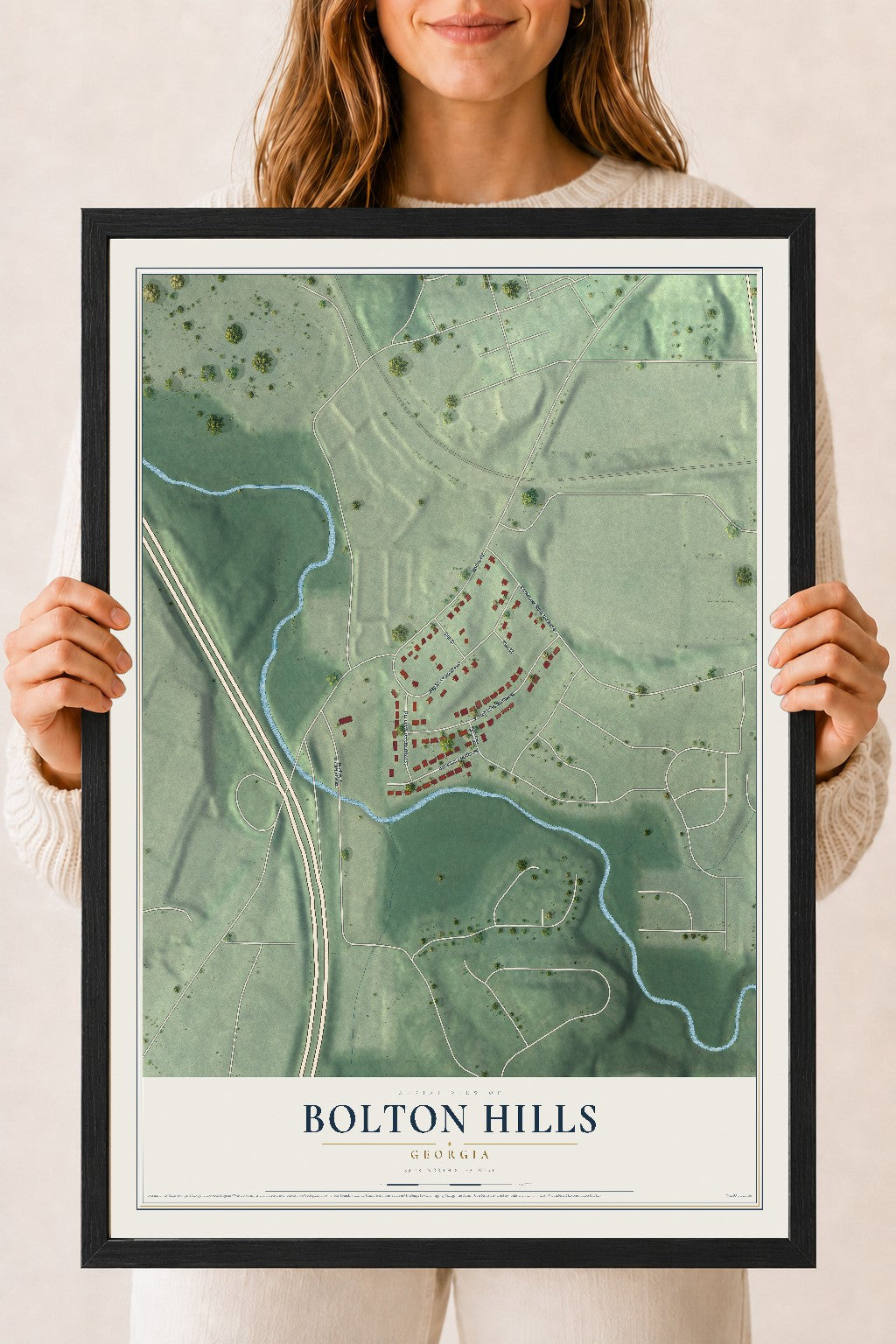 Bolton Hills, Georgia map print, 18" x 24" W/ Black Ayous Wood Frame mockup