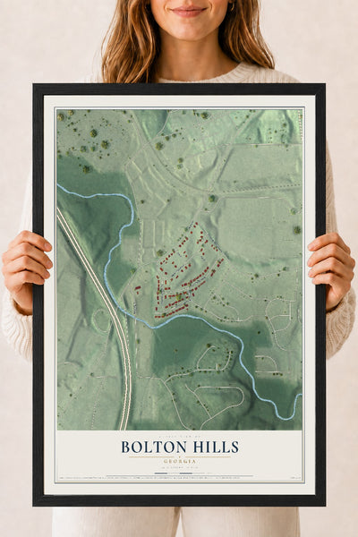 Bolton Hills, Georgia map print, 18" x 24" W/ Black Ayous Wood Frame mockup