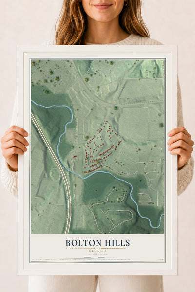 Bolton Hills, Georgia map print, 18" x 24" W/ White Ayous Wood Frame mockup