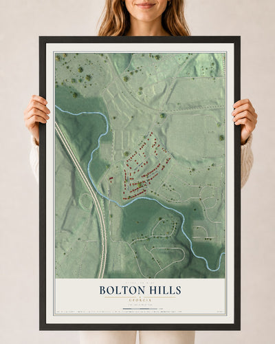 Bolton Hills, Georgia map print, 24" x 36" W/ Black Ayous Wood Frame mockup