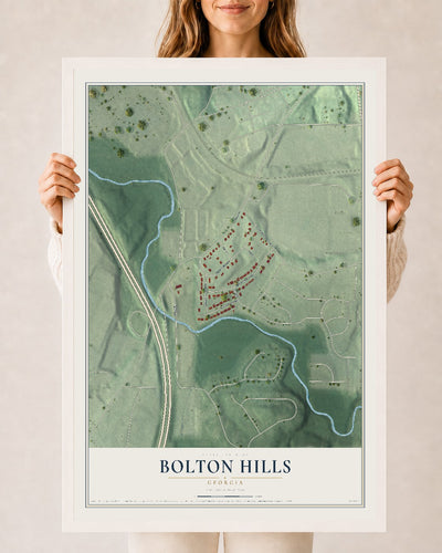 Bolton Hills, Georgia map print, 24" x 36" W/ White Ayous Wood Frame mockup