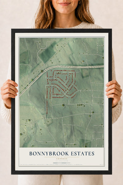 Bonnybrook Estates, Georgia map print, 18" x 24" W/ Black Ayous Wood Frame mockup