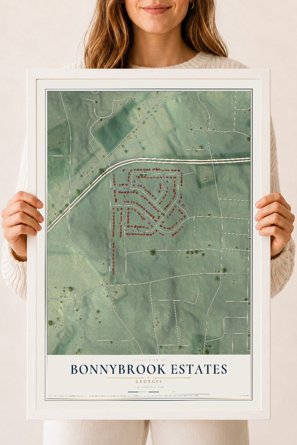 Bonnybrook Estates, Georgia map print, 18" x 24" W/ White Ayous Wood Frame mockup