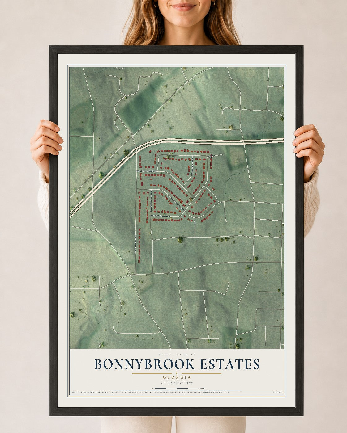 Bonnybrook Estates, Georgia map print, 24" x 36" W/ Black Ayous Wood Frame mockup