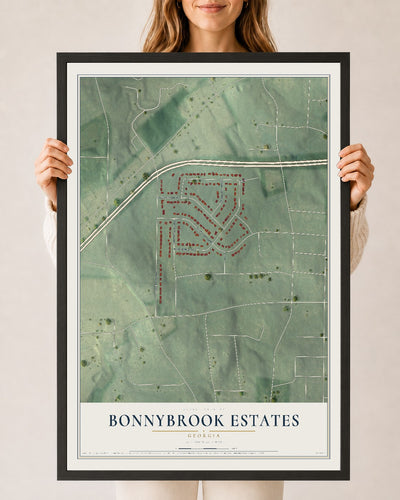 Bonnybrook Estates, Georgia map print, 24" x 36" W/ Black Ayous Wood Frame mockup