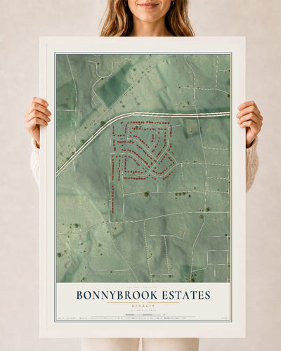 Bonnybrook Estates, Georgia map print, 24" x 36" W/ White Ayous Wood Frame mockup