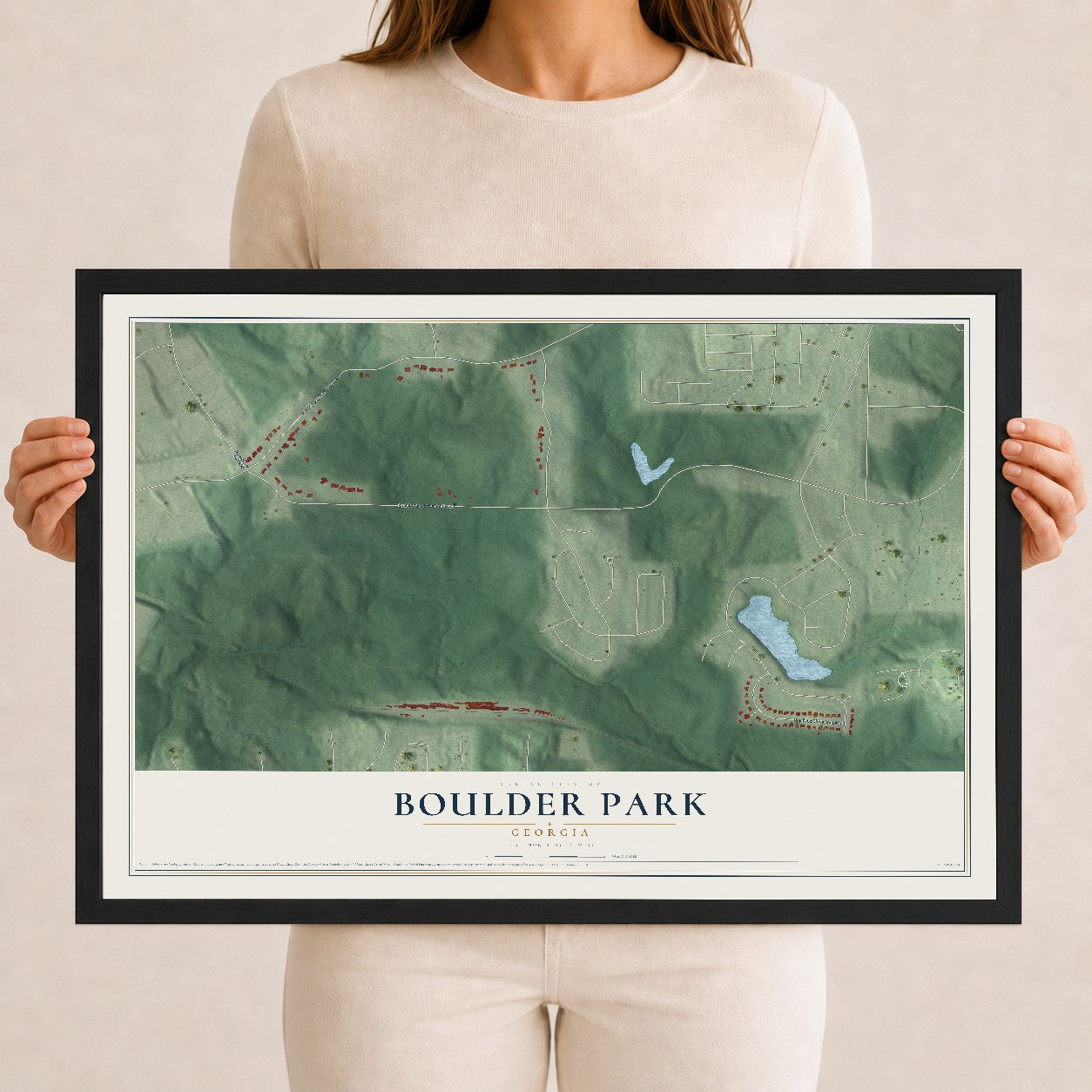 Boulder Park, Georgia map print, 12" x 18" W/ Black Ayous Wood Frame mockup