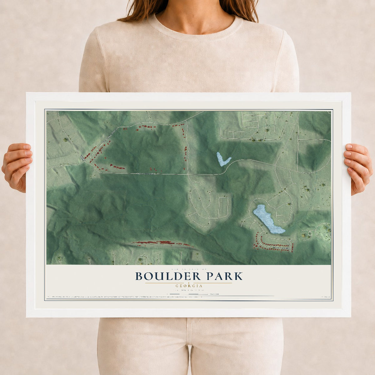 Boulder Park, Georgia map print, 12" x 18" W/ White Ayous Wood Frame mockup