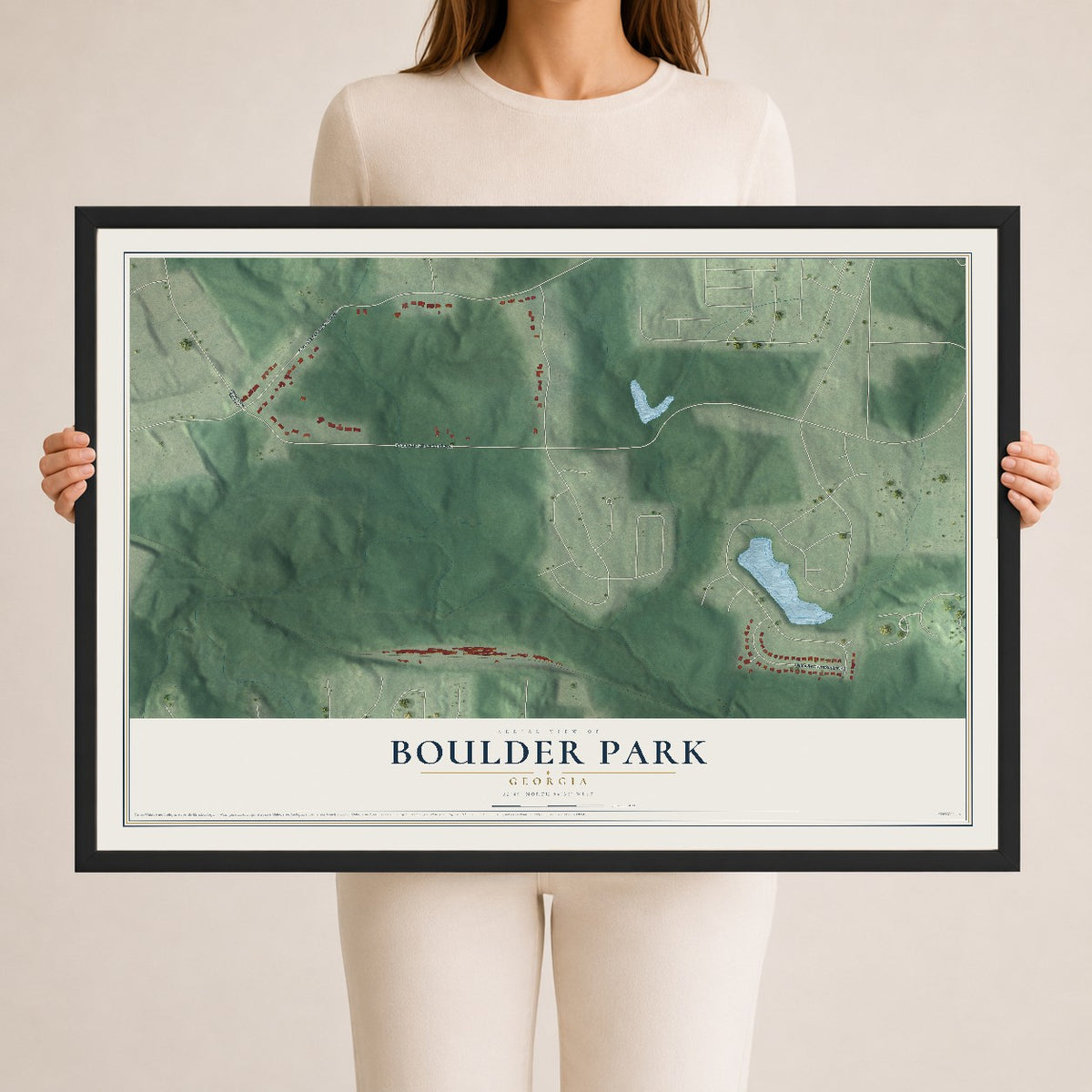 Boulder Park, Georgia map print, 24" x 36" W/ Black Ayous Wood Frame mockup