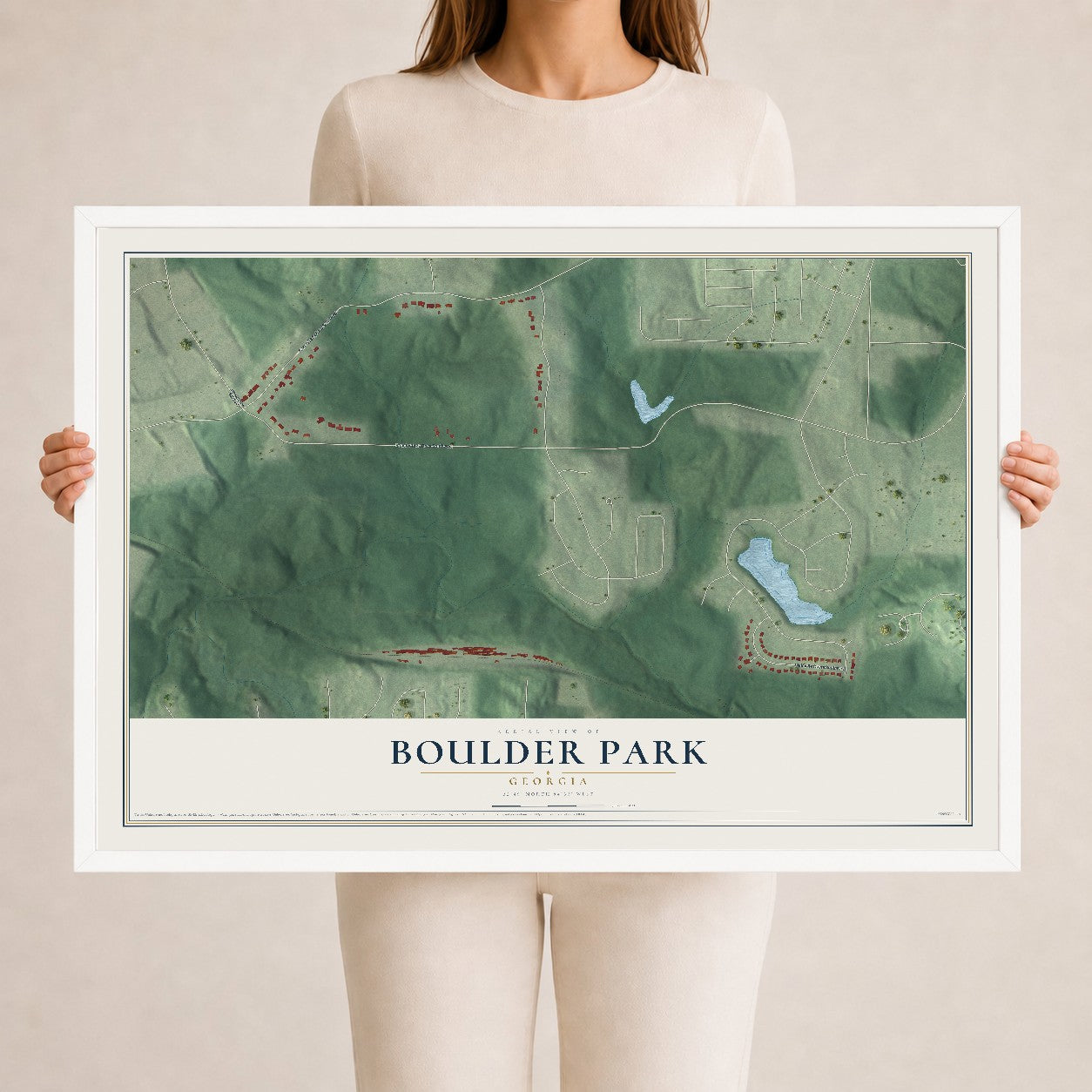 Boulder Park, Georgia map print, 24" x 36" W/ White Ayous Wood Frame mockup