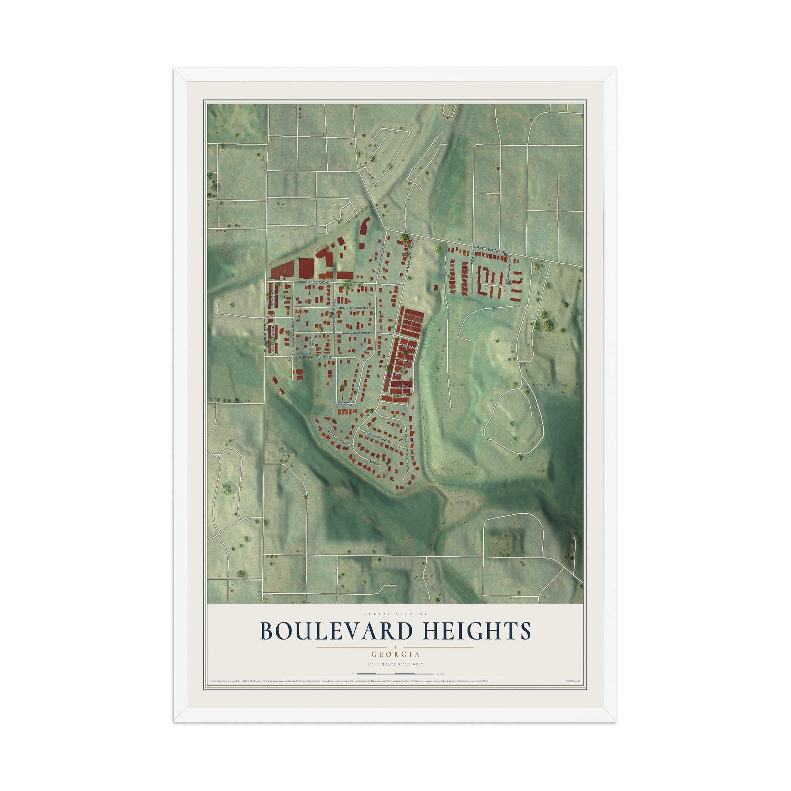 Boulevard Heights, Georgia map print, 12" x 18" W/ White Ayous Wood Frame mockup