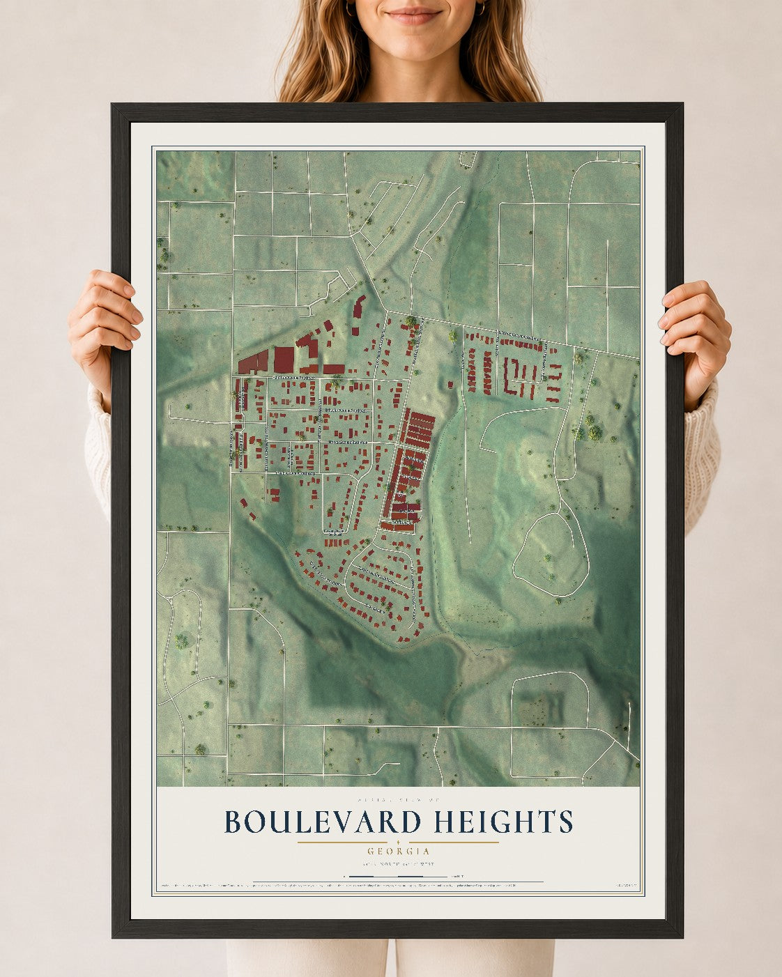 Boulevard Heights, Georgia map print, 24" x 36" W/ Black Ayous Wood Frame mockup