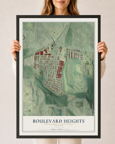 Boulevard Heights, Georgia map print, 24" x 36" W/ Black Ayous Wood Frame mockup