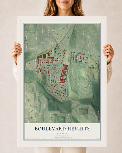Boulevard Heights, Georgia map print, 24" x 36" W/ White Ayous Wood Frame mockup