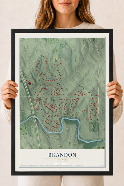 Brandon, Georgia map print, 18" x 24" W/ Black Ayous Wood Frame mockup