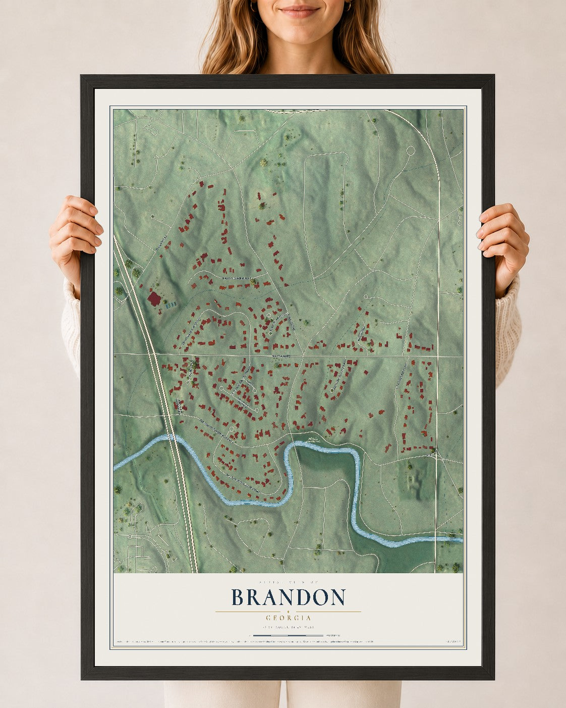 Brandon, Georgia map print, 24" x 36" W/ Black Ayous Wood Frame mockup