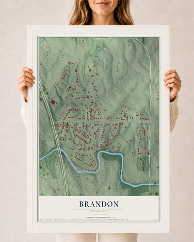 Brandon, Georgia map print, 24" x 36" W/ White Ayous Wood Frame mockup