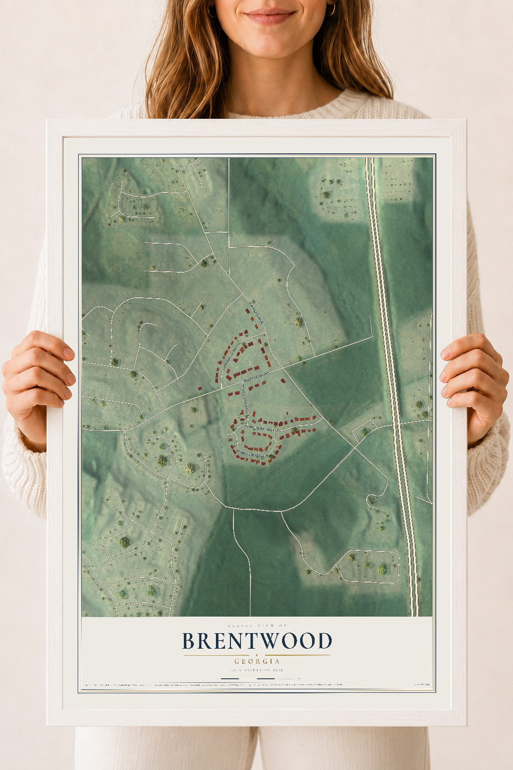 Brentwood, Georgia map print, 18" x 24" W/ White Ayous Wood Frame mockup
