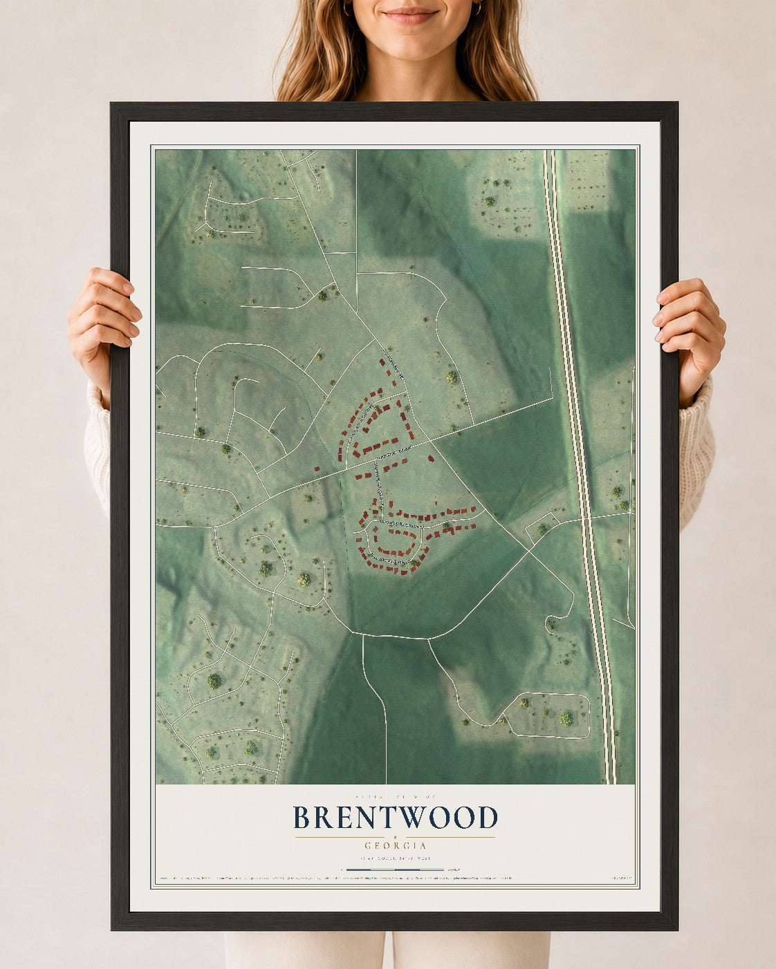 Brentwood, Georgia map print, 24" x 36" W/ Black Ayous Wood Frame mockup