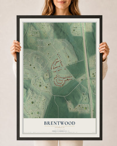 Brentwood, Georgia map print, 24" x 36" W/ Black Ayous Wood Frame mockup