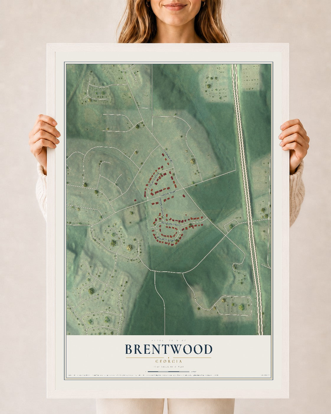 Brentwood, Georgia map print, 24" x 36" W/ White Ayous Wood Frame mockup