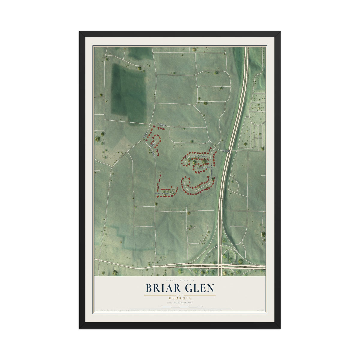 Briar Glen, Georgia map print, 12" x 18" W/ Black Ayous Wood Frame mockup