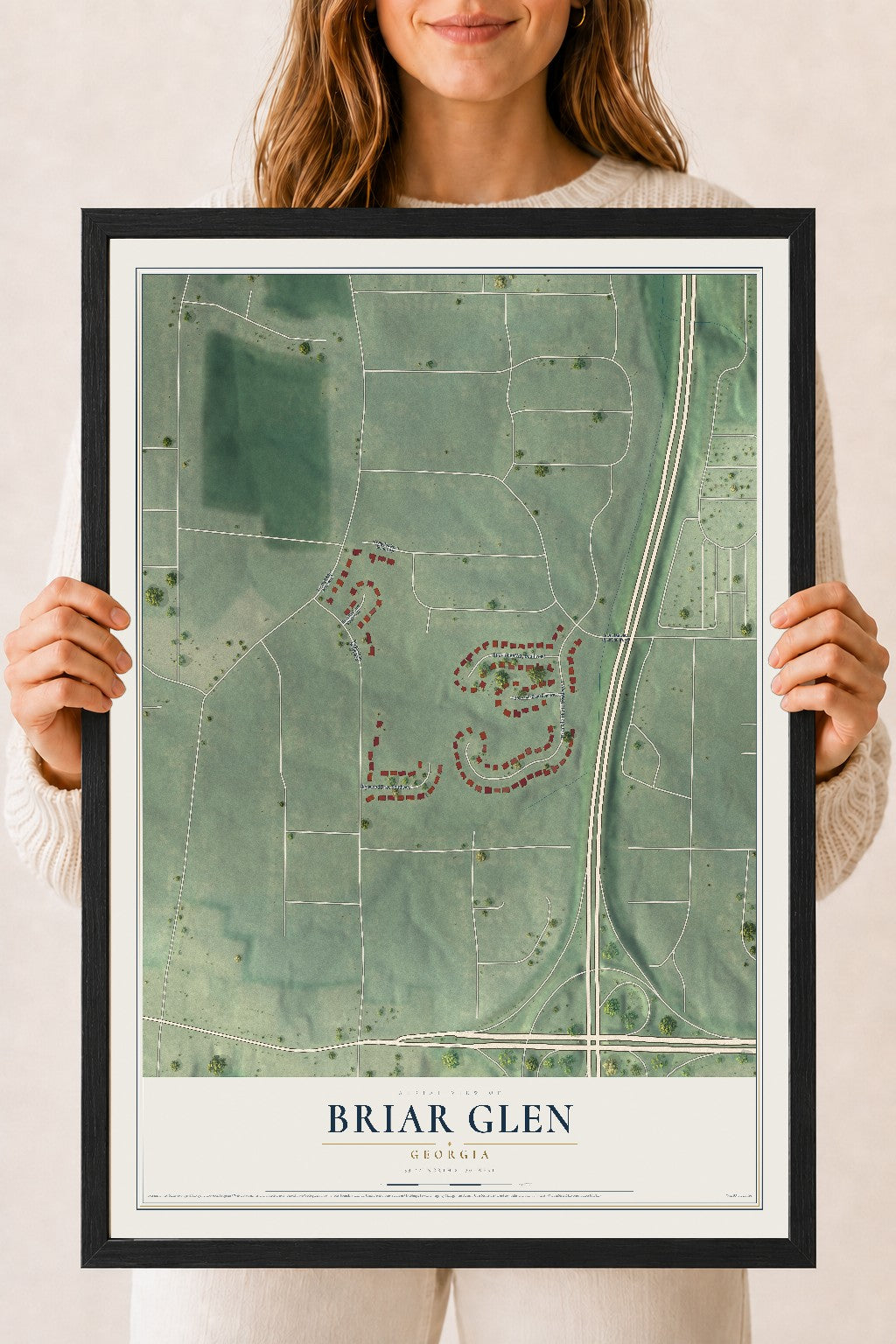 Briar Glen, Georgia map print, 18" x 24" W/ Black Ayous Wood Frame mockup