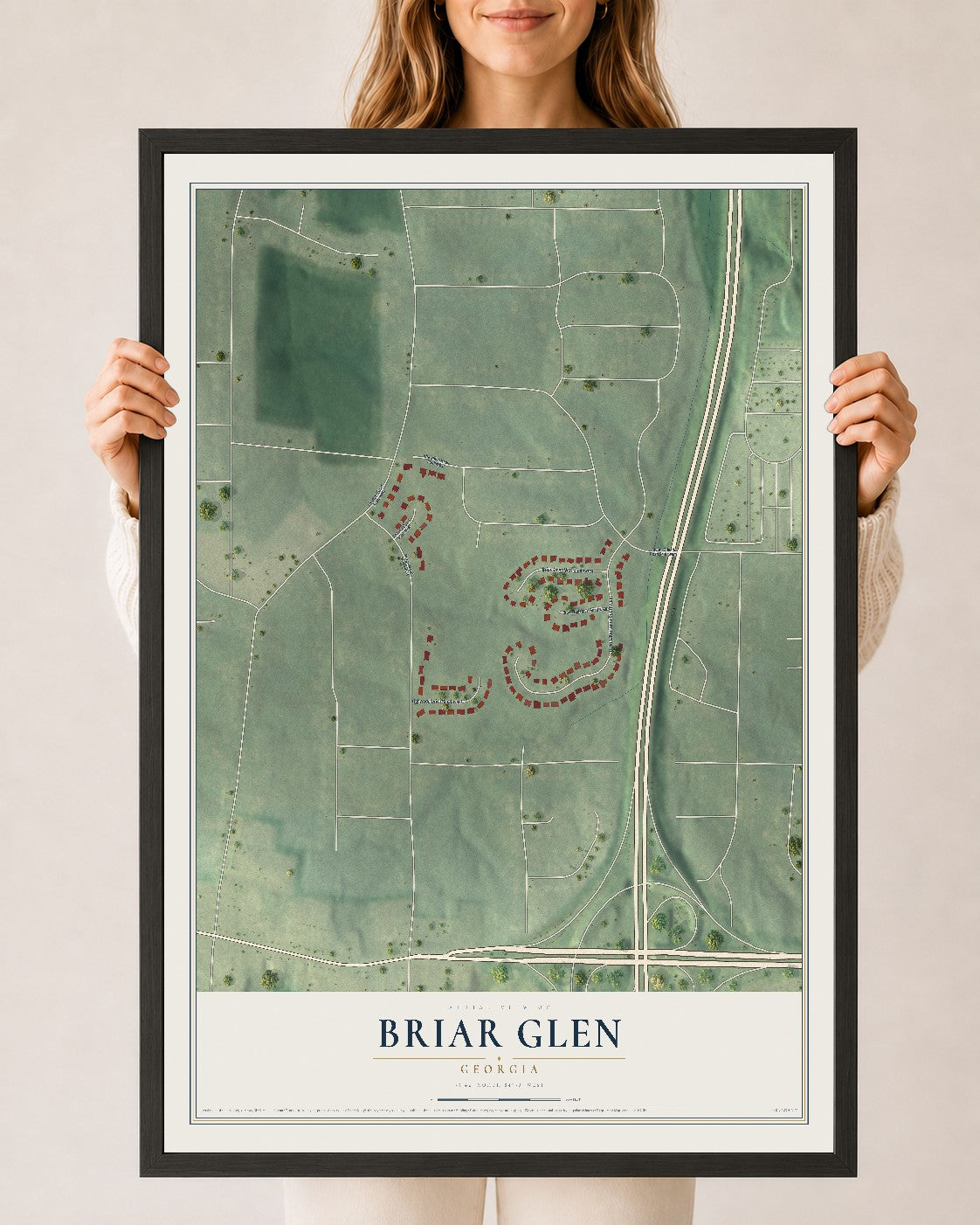 Briar Glen, Georgia map print, 24" x 36" W/ Black Ayous Wood Frame mockup
