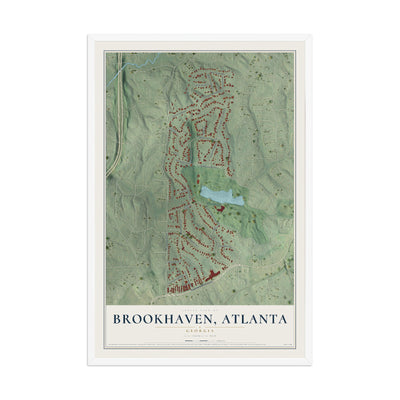 Brookhaven, Atlanta, Georgia map print, 12" x 18" W/ White Ayous Wood Frame mockup