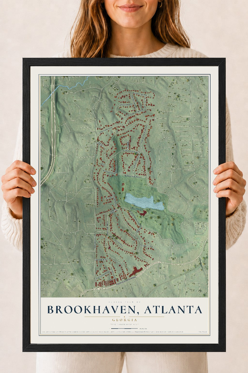 Brookhaven, Atlanta, Georgia map print, 18" x 24" W/ Black Ayous Wood Frame mockup